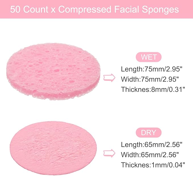 uxcell 50 Count Compressed Facial Sponges Round Face Cleansing Sponges Pads for Daily Skincare Routines at Home, Kitchen(Pink)