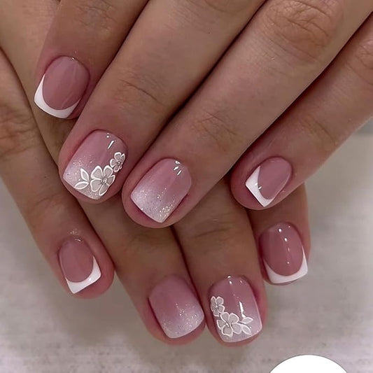 Short Square Press On Nails White Nude Gradient False Nails with White Silver Flowers Acrylic Press in Nails Gel Stick On Nails Set Glue on Nail for Women & Girls 24Pcs