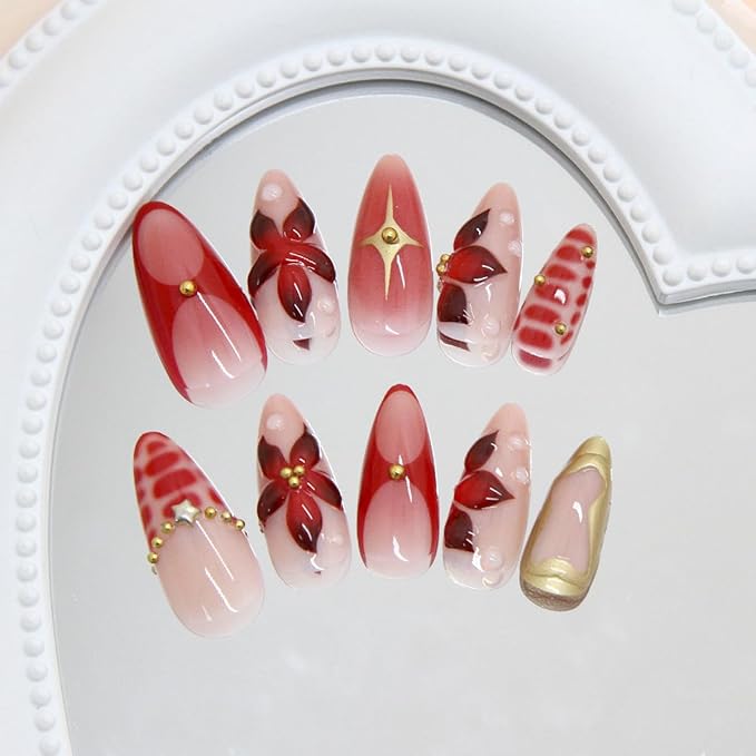 24Pcs Fall Press on Nails Medium Almond French Tip Fake Nails Gold Star Bead with Red Flower Rhinestones Glitter Designs Red Full Cover Tips Glue on Nails Autumn False Nails for Acrylic Manicure Tips