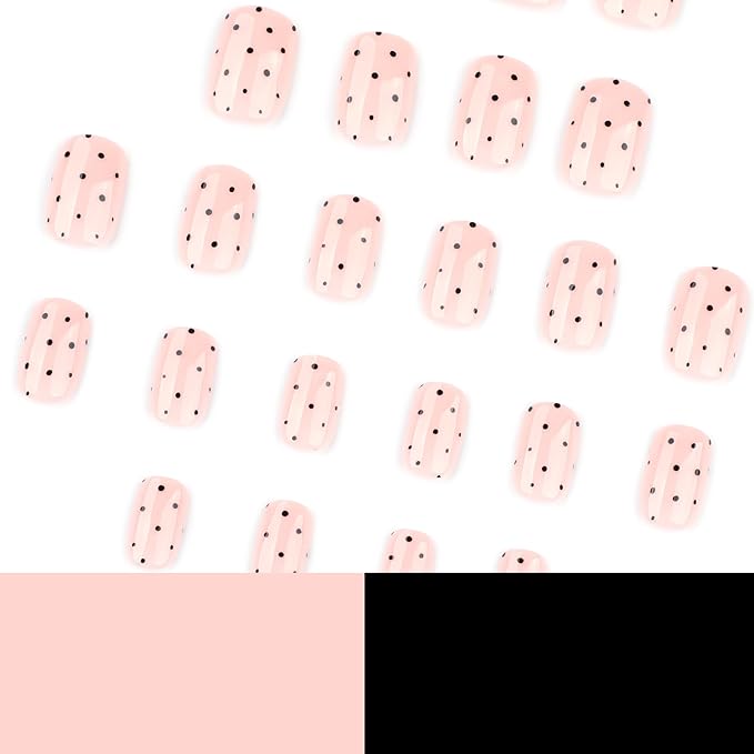 Soft Pink Short Press On Nails Square, Cute Fake Nails with Black Polka Dot Detail, Glossy Gel Finish Acrylic Nails, Daily/Party Reusable Glue On Nails Kit for Women, 24Pcs