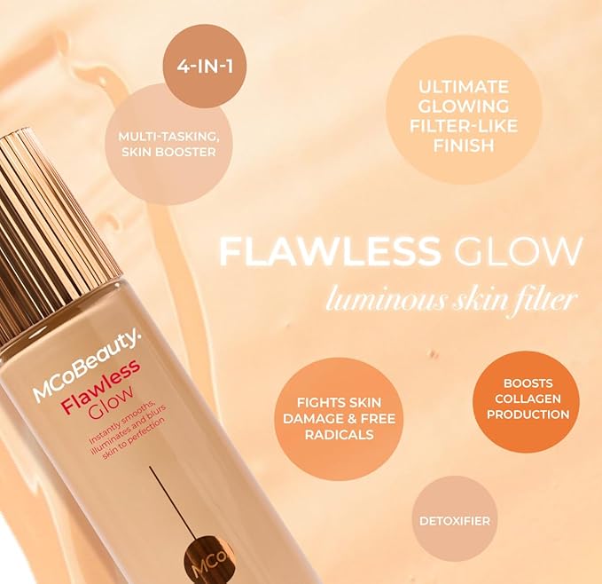 MCoBeauty - Flawless Glow Luminous Skin Filter - 6.5 Natural Honey - 4-in-1 Multi-Use Formula that Contains Squalane - Includes Doe Foot Applicator - Liquid Illuminator