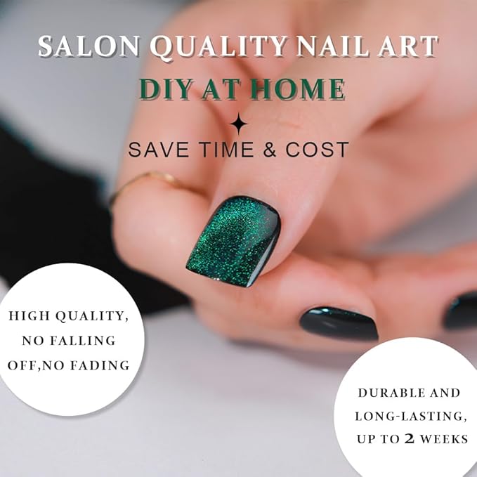 evpct Green Cat Eye Extra Short Press on Nails Square, Petite Short Square Glue on Nails for Women Gift, Emerald Green Metallic Glitter Glossy Reusable Gel Press on Acrylic Fake Nail with Designs