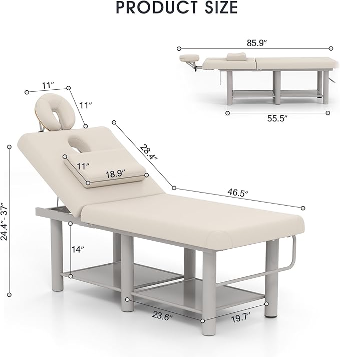 Heavy Duty Wide Stationary Massage Table Metal Frame PU Leather Spa Facial Professional Adjustable Massage Bed with Open-Chest & Headrest for Treatment Physical Therapy Tatoo Salon Equipment (Gray)