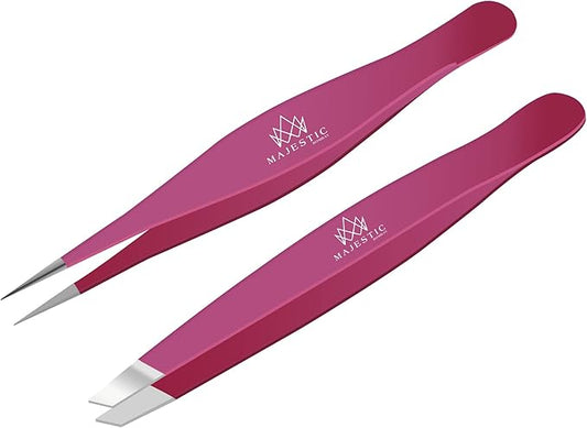 Majestic Bombay Fine Point + Slant Tweezers for Women and Men – Splinter Ticks, Facial, Brow and Ingrown Hair Removal–Sharp, Needle Nose, Surgical Tweezers Precision best tweezers for chin hair
