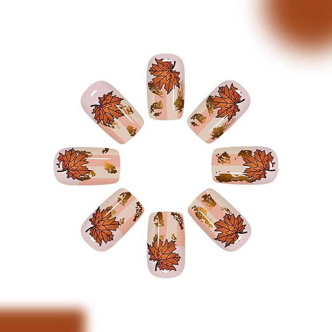 24Pcs Fall Press on Nails Medium Square Fake Nails with Maple Leaves Designs Stripe Gold Foil Maple Leaf False Nail Glossy Full Cover Acrylic Stick on Nails for Women Thanksgiving Nail Art Decorations