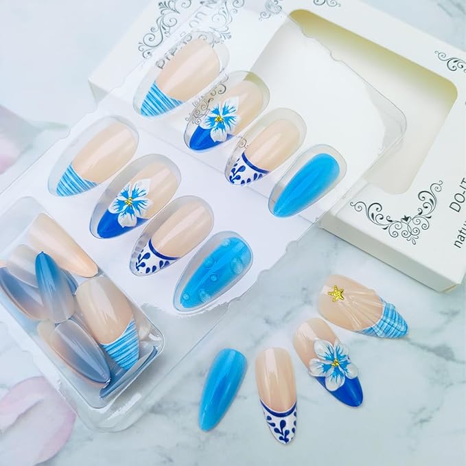 24Pcs Autumn Press on Nails Medium Almond Fake Nails 3D Flower Glue on Nails Blue French Tip False Nail Nude Pink Acrylic Nail Press on Metal Starfish Stick on Nail for Women DIY Manicure Salon