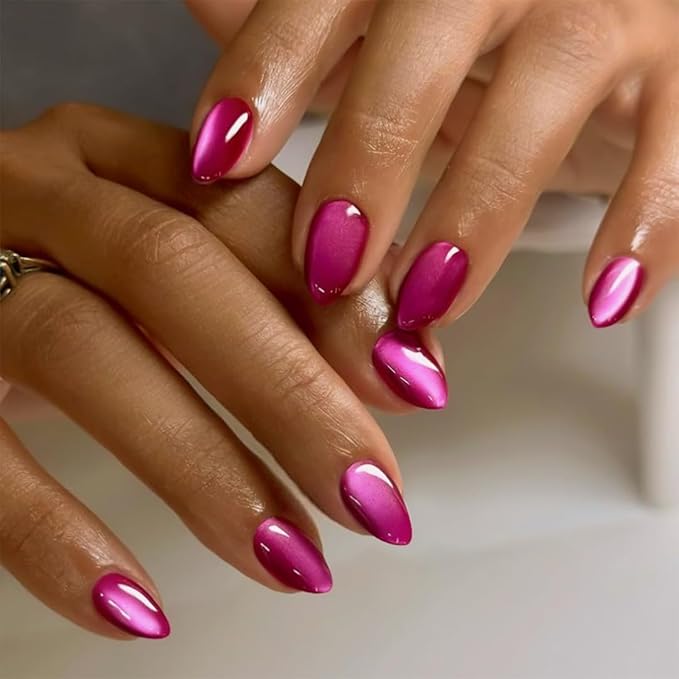 KQueenest Press On Nails Short - Neon Hot Pink Press On Nails Almond Shape, Glitter Cat Eye Fake Nails with Nail Glue, Reusable Cute Bright Gel Glue On Nails with Color-Shifting Glow, Fushia 30 Pcs