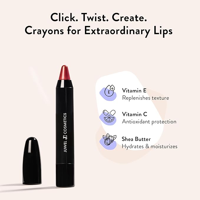 Juwel Cosmetics Retractable Lip Crayon, High Shine Long Lasting Lip Liner with Vitamins C & E, Shea & Cocoa Butter, Ultra Smooth Full Coverage Lipstick with Antioxidant Protection, Burlesque