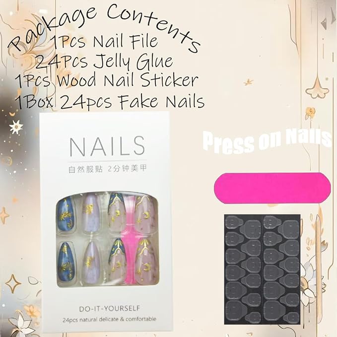 French Tip Press on Nails Short Almond Fake Nails Metal Star Stick on Nail Nude Glitter Acrylic Nails Press on Reusable Gold Moon False Nail Full Cover Glue on Nail for Women Manicure Decor 24Pcs