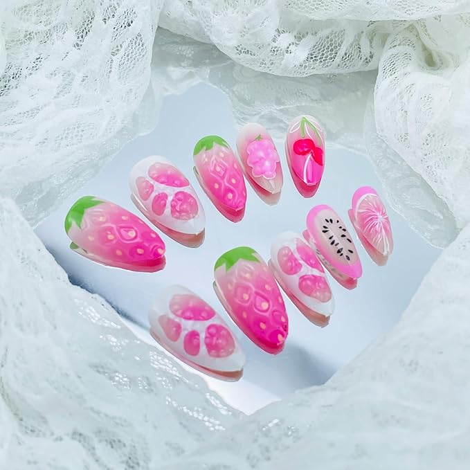 24Pcs Summer Fruit Press on Nails Almond Long Fake Nails with 3D Cherry Strawberry Designs Glossy Pink False Nails Summer Glue on Nails Full Cover Acrylic Stick on Nails for Women Girls DIY Decoration