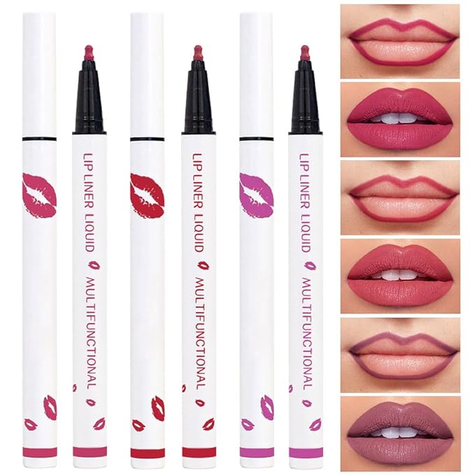 Kaely 3Pcs Pink Rose Pink Orchid Longwear Liquid Lip Liner Waterproof, 24 Hour Long Lasting Lip Liner Stain Marker Pen, 2-in-1 Matte Semi Permanent Lipliner & Lipstick, 02+04+08