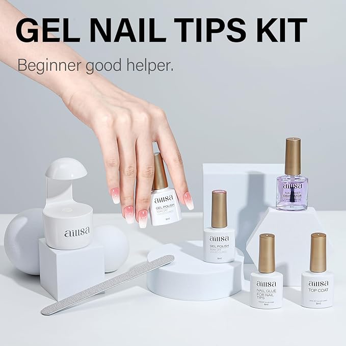 AILLSA Nail Tips and Glue Gel Kit Short Coffin Nail Tips 240pcs with 2 In 1 Nail Glue Base Coat and Nail Dehydrator, Gel Extension Nail Kit with U V Light Top Coat for DIY Home Salon