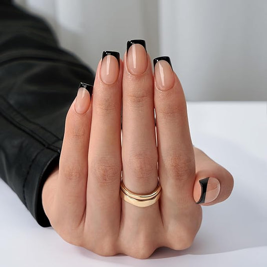 BTArtbox Press on Nails Square - Black French Tip Press On Nails Short, Glue On Nails for Women Gifts, Natural Stick On Nails in 16 Sizes - 32 Fake Nails Kit