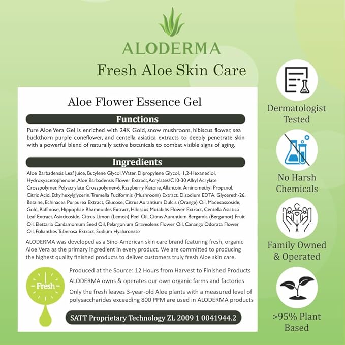 Aloderma Age-Defying 24K Gold Leaf Aloe Flower Essence Gel, Made within 12 Hours of Harvest - Luxurious Aloe Gel with Allantoin & Hyaluronic Acid for a Glowing, Shimmering, Youthful Complexion, 7oz