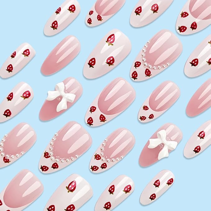 24Pcs French Tip Press on Nails Short Almond Fake Nails with Pearl Spring Glue on Nails Bow Charms False Nails Strawberry Acrylic Nails Cute Stick on Nails Fruit Full Cover Artificial Nails for Women