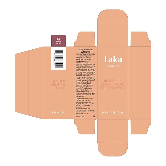 Laka Jelling Nude Gloss, 4.5g/0.15oz, Sheer Hydrating Lip Oil with No Stain, Non-Sticky, Nourishing Gloss for a Fresh, Glowy Look, Vegan, Clean Beauty Makeup, K-Beauty (#301 Fig Ring)
