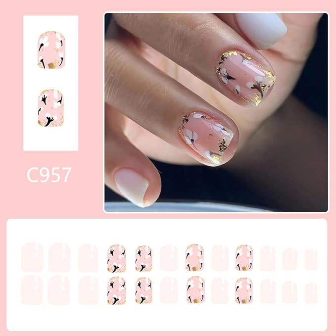 Flower Press on Nails Short Square Fake Nails with Designs Gold Glitter False Nails White Full Cover Glossy Acrylic Nails Summer Glue on Nails Cute Artificial Stick on Nails for Women Manicure 24 Pcs