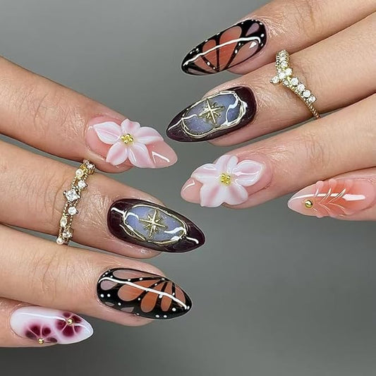 Long Almond Press on Nails Fake Nails with 3D Flowers and Butterfly Design False Nail with Star Accents and Gradient Color Stick on Nail for Women 24pcs