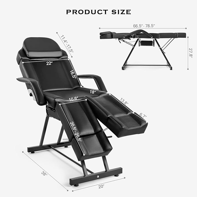 Artist hand Massage Table Facial Bed Eyelash Extension Massage Bed with Tray, Split Footrests (Black)