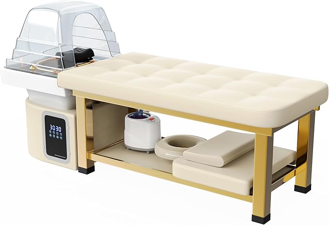 Hair Washing Head Spa Stationary Massage Table with Water Cycle & Fumigation Salon Equipment for Beauty Head Spa Physical Therapy Massage, Stainless Steel Gold Color-Plated Frame, PU Beige Gray