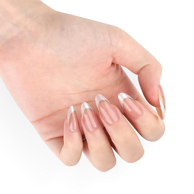 Gold Line Grey French Tip Press On Nails Almond Short, French Tips Designer Reusable Acrylic Nails Press Ons, Fake Nails With Glue On, Daily Wear Floral False Nails For Women