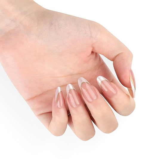 Gold Line Grey French Tip Press On Nails Almond Short, French Tips Designer Reusable Acrylic Nails Press Ons, Fake Nails With Glue On, Daily Wear Floral False Nails For Women