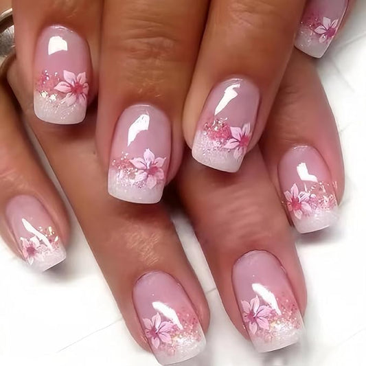 24Pcs Pink Press on Nails Short Square Fake Nails with Glitter French Tip Glue On Nails Spring Flower Acrylic Nails Press on Full Cover Pink Floral False Nails Nude Glossy Stick on Nails for Women