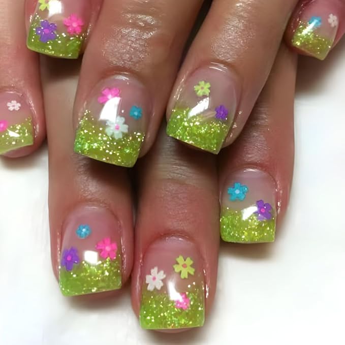 Spring Press on Nails Square Short Fake Nails Green French Tip False Nails with Colorful Flower Design Cute Acrylic Nails Press ons Small Flowers Glue on Nails Reusable Stick on Nails for Women 24Pcs