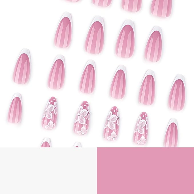 IMRAIN Flower Press on Nails Medium Almond Fake Nails White French Tips Nail Supplies Glossy Glue on Nails Artificial Acrylic Full Cover Spring Floral False Nails for Women Manicure 24Pcs