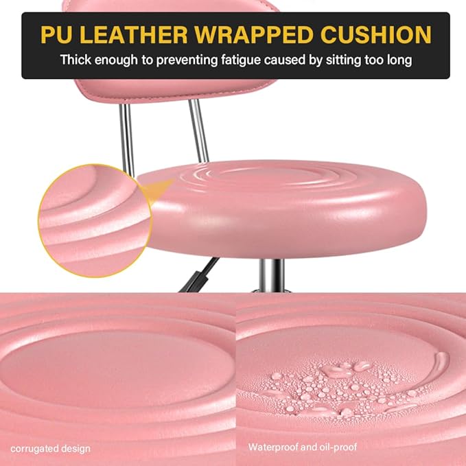 Rolling Stool with Wheels Swivel Stool with Back Height Adjustable Chair Ideal for SPA Salon Home Office Drafting Work (Pink)