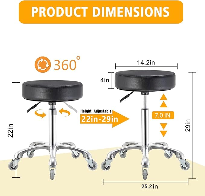 Rolling Stool with Wheels, Heavy Duty Hydraulic Massage Stool for Shop Guitar Lab Tattoo Workbench Medical, Adjustable Swivel Chair (Black)