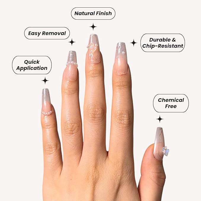 Perfect Look Press On Nails - Pearl Bloom | No Glue One-Day Nude Marble Coffin Fake Nails With Glitter & Butterfly Charms - 24 Pcs Nail Kit With Adhesive Tabs