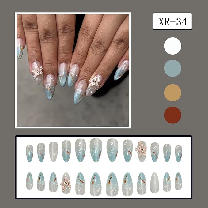 24Pcs Summer Press on Nails Almond Fake Nails 3D Flower Charms Blue French Tip Glue on Nails Blue Wave Cute Small Fish Design Acrylic Nails Artificial False Nails for Women Summer Manicure Decoration