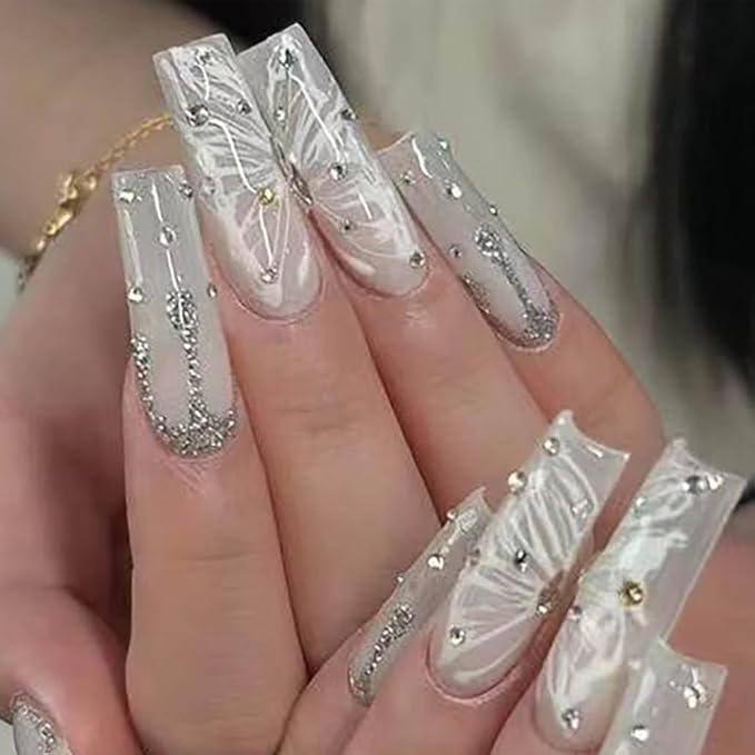 Press on Nails Super Long Rhinestone White Fake Nails Square Bling Glossy Butterfly False Nail Tips Artificial Nails Finger Manicure for Women and Girls-24pcs