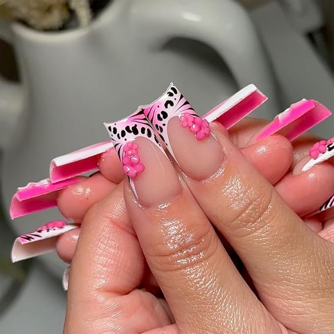 24Pcs French Tip Press on Nails Medium Fake Nails Leopard Pink Flower Nail Designs Cute Leopard Nails Press ons 3D Flower Charms Artificial Glue on Nails Full Cover Acrylic Nails for Women