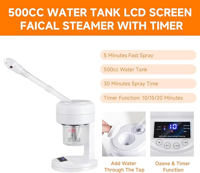 Ozone Facial Steamer, Portable Nano Ionic Face Steamer with LCD Screen, Extendable 360° Rotating Arm, Rotatable Nozzle, Hot Mist Function for Personal Care at Home or Salon