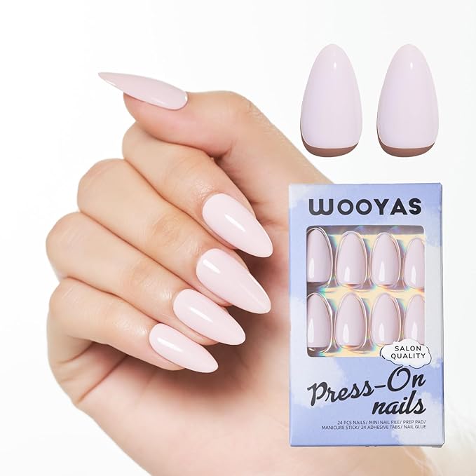 WOOYAS Press On Nails Almond, White Pink Fake Nails Glossy Solid Color False Nails Gel Finish, Supremely Fit & Natural Handmade Glue On Nails for Women and Girls 24Pcs