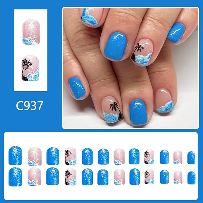 Blue Press on Nails Short Square Fake Nails with Designs Sea Wave False Nail Summer Glossy Full Cover Acrylic Nails Beach Glue on Nail Artificial Cute Stick on Nail for Women Manicure 24Pcs