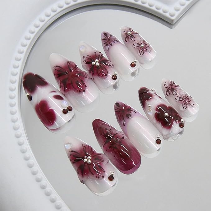 Summer Flower Press on Nails Medium Almond Fake Nails with Rhinestones Designs Full Cover Glue on Nails Artificial 3D Nails Press ons Red Acrylic Nails Reusable Handmade False Nails for Women 24Pcs