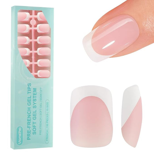 150Pcs French Gel Nails, Vansiho French Tip Press on Nails, Short Square Nail Tips Pink, Soft Gel Nails False Nail, Acrylic Fake Nails for Nail Art DIY 15 Sizes