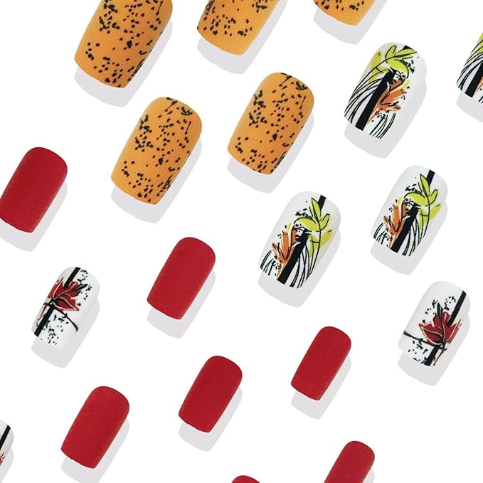 24Pcs Fall Press on Nails Autumn Thanksgiving Fake Nails Medium Square False Nails Maple Leaf Graffiti Design Matte Acrylic Glue on Nail Full Cover Stick on Nail for Coquette Women