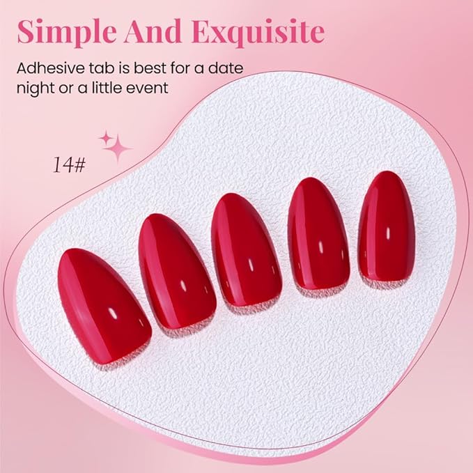 evpct Glossy Press on Nails Short Almond Short for Women, Ruby Red Fake Nail with Glue Salon Quality Reusable Stick on Nails In 15 Sizes 30Pcs Full Cover False Nail Soft Gel Set Kit for Gift, 14