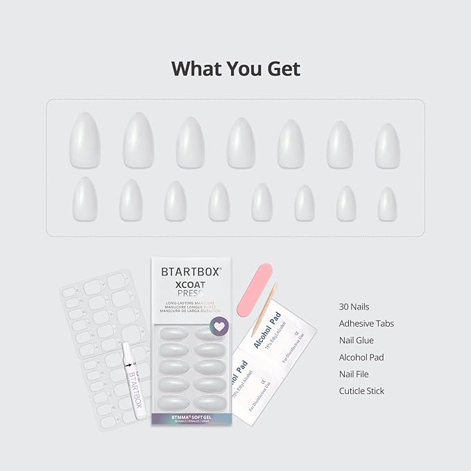 BTArtbox Press On Nails Almond - Lamp-Curable Glitter White Medium Press On Nails with Glue for Women, Semi-Transparent Soft Gel Glue On Nails in 15 Sizes - 30 Stick On Nails Kit, Disco Ball