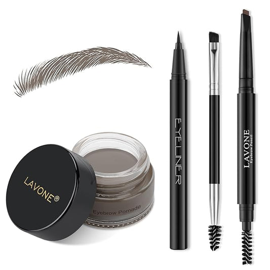 LAVONE Eyebrow Stamp Pencil Kit - Brow Stamp Trio with Waterproof Eyebrow Pencil, Eyeliner, Pomade, Dual-ended Brush - Grey