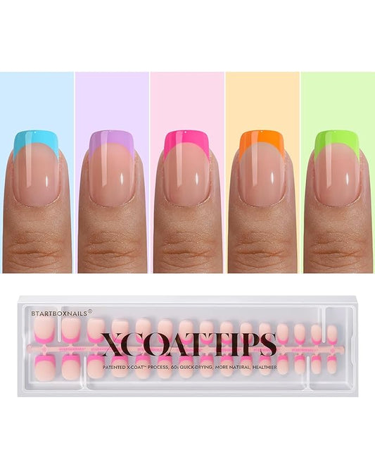 BTArtboxnails XCOATTIPS Brighter Pastel French Tip Press On Nails - Extra Short Square Press On Nails, Soft Gel Nail Tips, 150Pcs Soak Off Acrylic Colorful Fake Nail Extension in 15 Sizes