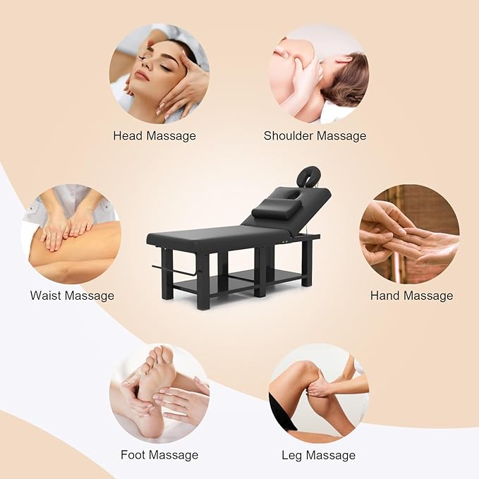 Heavy Duty Wide Stationary Massage Table Metal Frame PU Leather Spa Facial Professional Adjustable Massage Bed with Open-Chest & Headrest for Treatment Physical Therapy Tatoo Salon Equipment