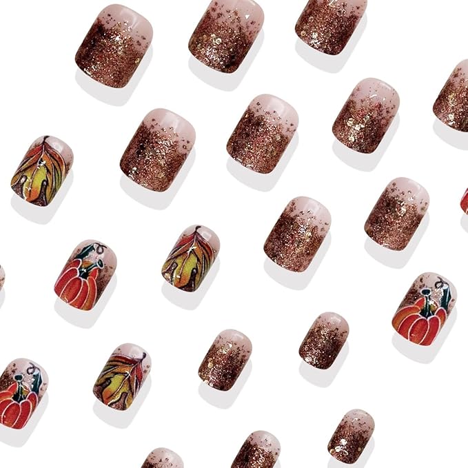 24Pcs Thanksgiving Press on Nails Short Square Fake Nails Glitter Pumpkin Stick on Nails French Tip False Nails Autumn Maple Leaf Acrylic Glue on Nail for Women DIY Fall Press ons Manicure