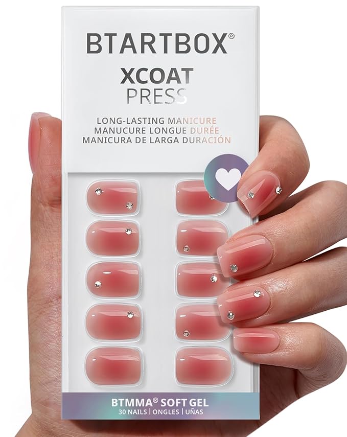 BTArtbox Press On Nails Short - Lamp-Curable Rhinestone Blush Red Square Press On Nails with Glue for Women, Semi-Transparent Soft Gel Glue On Nails in 15 Sizes - 30 Stick On Nails Kit, Cyber Crimson