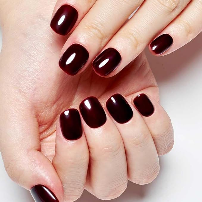 GLAMERMAID Extra Short Press on Nails 24PCS, Handmade Gothic Burgundy red Jelly Fall Gel Glue on Nails, Glossy Round Reusable UV Finish Fake Nails Acrylic False Nails Manicure Kits for Women