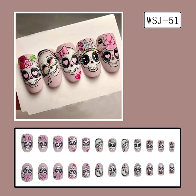 Pink Halloween Press on Nails Medium Almond Fake Nails Gothic Halloween False Nails with Rose Bow Design Cute Skeleton Stick on Nail Goth Acrylic Nail for Women DIY Manicure Decorations 24Pcs